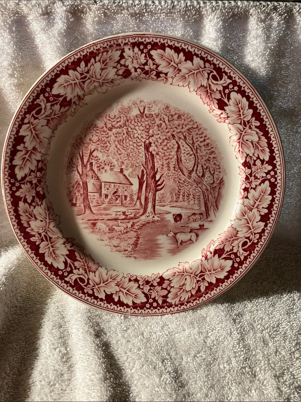 2  Red Dinner Plates Home Sweet Home Currier & Ives By Homer Laughlin 10”